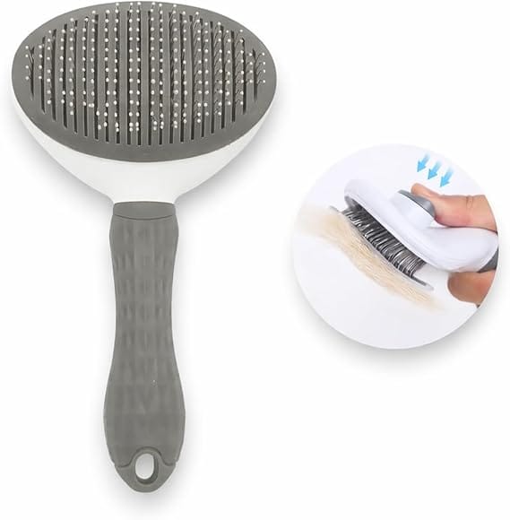 Escova Pet Removedora de Pelos Autolimpante para cães e gatos com cerdas flexíveis e cabo anatômico cinza