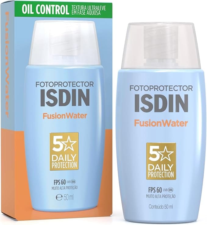 ISDIN Fusion Water FPS 60 protetor solar facial sem cor 50ml com textura ultraleve e rápida absorção