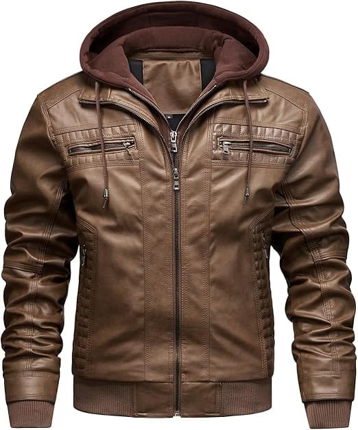 Jaqueta Masculina de Couro com Capuz Removível FTIMILD Aviador Impermeável Marrom - Imagem 8