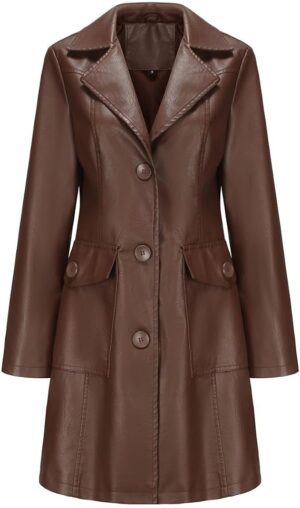 Jaqueta Feminina CNSTORE de Couro PU marrom comprimento médio elegante