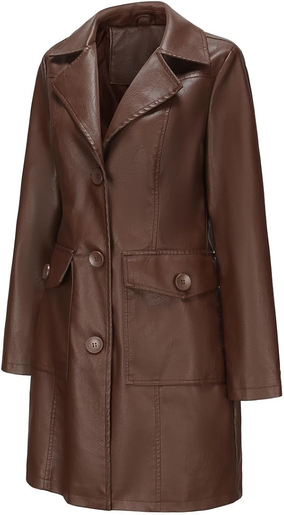 Jaqueta Feminina CNSTORE de Couro PU Comprimento Médio Marrom: elegância britânica e sofisticação para o inverno - Imagem 5