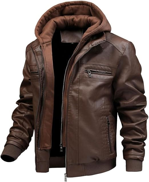 Jaqueta Masculina de Couro com Capuz Removível FTIMILD Aviador Impermeável Marrom - Imagem 11