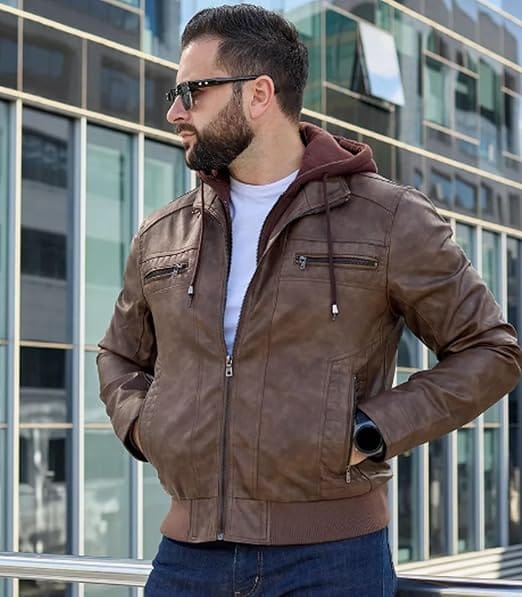 Jaqueta Masculina de Couro com Capuz Removível FTIMILD Aviador Impermeável Marrom - Imagem 10