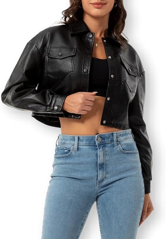 Jaqueta Cropped de Couro Sintético Feminina CHIGUO Marrom Aviador - Imagem 2