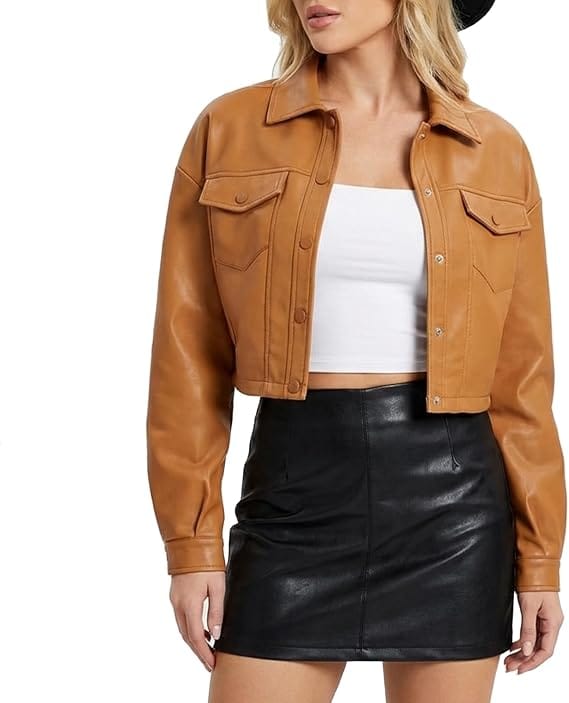 Jaqueta Cropped de Couro Sintético Feminina CHIGUO Marrom Aviador - Imagem 7