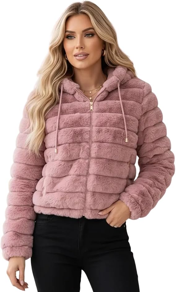 Jaqueta Peluciada Feminina Cereja Brasil rosa com capuz e pelúcia para inverno