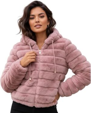 Jaqueta Peluciada Feminina Cereja Brasil rosa com capuz e pelúcia para inverno