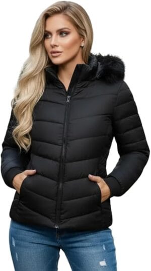 Jaqueta Puffer Feminina Impermeável Preta com Capuz Removível Cereja Brasil