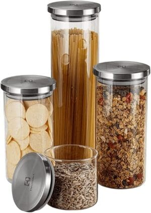 Kit 4 Potes de Vidro Herméticos Electrolux com tampa em inox para armazenamento de mantimentos e organização da cozinha