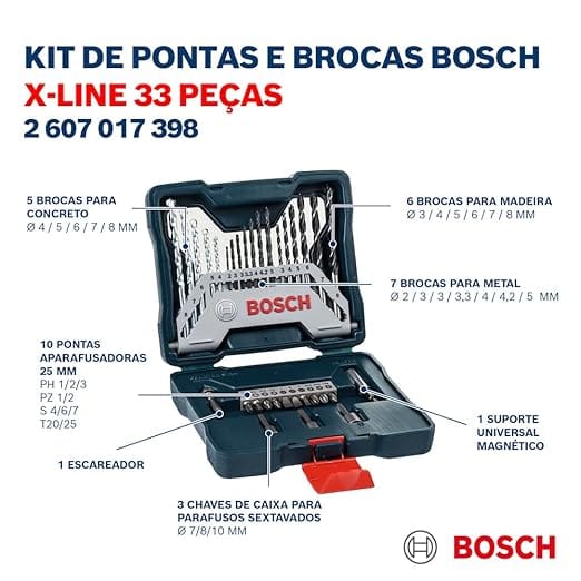 Bosch Kit de Pontas e Brocas X-Line 33 Peças com Maleta para Madeira, Metal e Alvenaria - Imagem 3