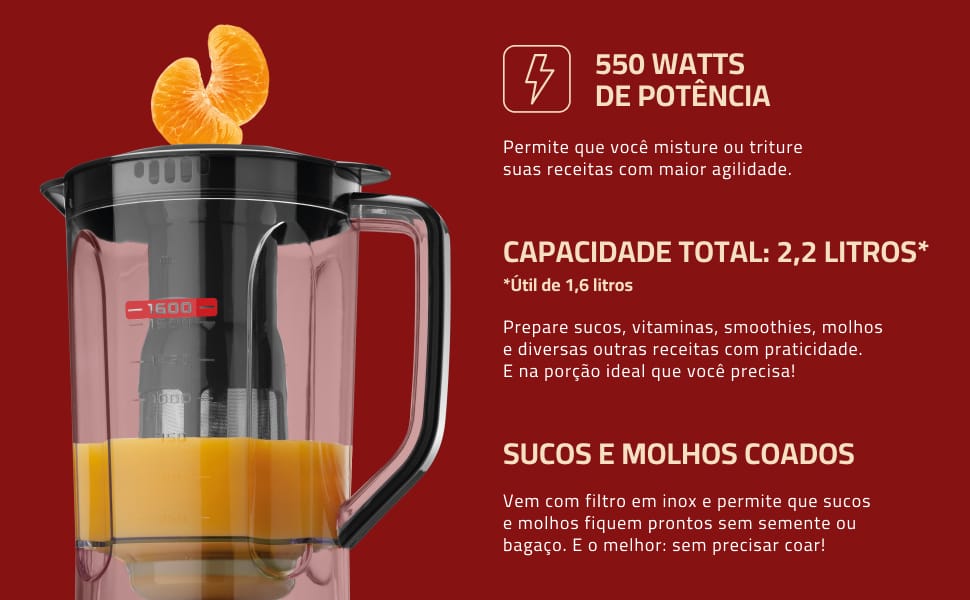 Liquidificador Mondial Turbo Power 550W 2,2L com Filtro Inox L-99 FB - Imagem 6