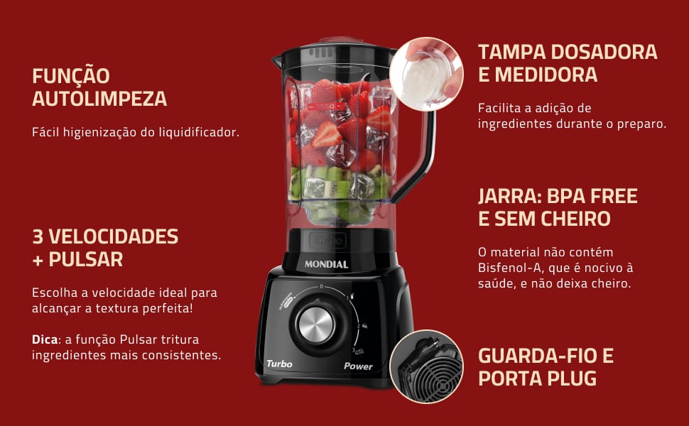 Liquidificador Mondial Turbo Power 550W 2,2L com Filtro Inox L-99 FB - Imagem 4