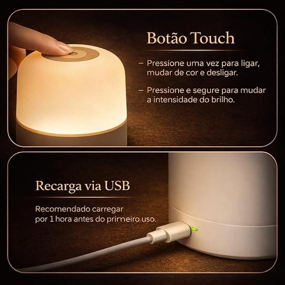 Luminária de Mesa LED Touch Recarregável 360° com 3 Modos de Iluminação Sem Fio - Imagem 10
