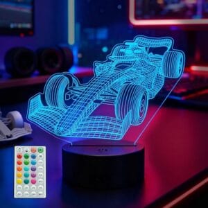 Luminária LED 3D Fórmula 1 com controle remoto RGB e efeito tridimensional