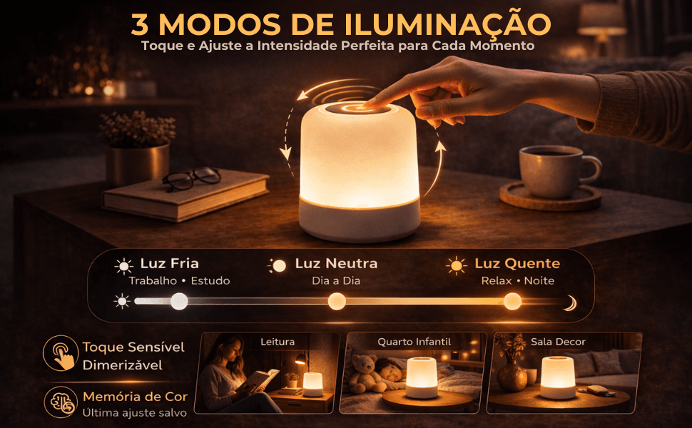 Luminária de Mesa LED Touch Recarregável 360° com 3 Modos de Iluminação Sem Fio - Imagem 7