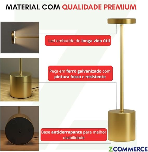 Luminária de Mesa LED Touch Rose Gold Recarregável com 3 Cores de Luz Sem Fio - Imagem 4