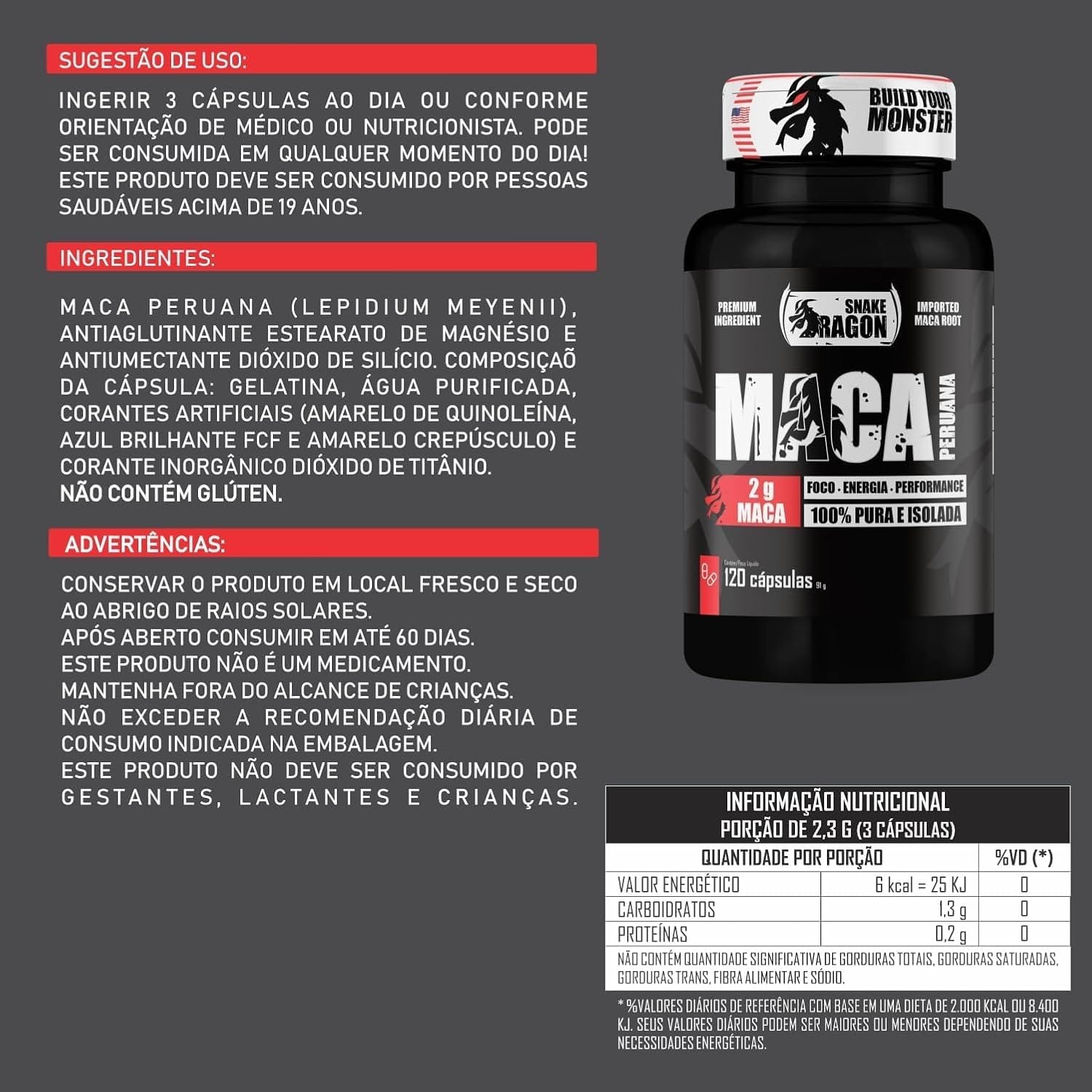 Maca Peruana Negra 2000mg 120 Cápsulas Premium Importada Snake Dragon - Imagem 6