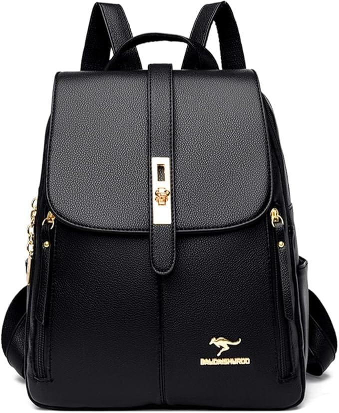 Mochila Feminina Antifurto Humita em couro PU impermeável preta com bolsos multifuncionais