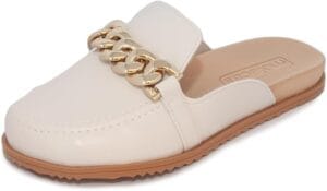 Mule Feminino Moleca Off White com Corrente Dourada e Palmilha Confortável