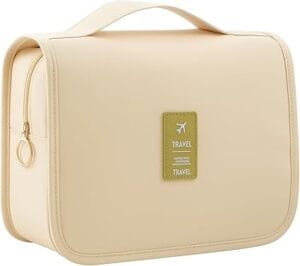 Necessaire Organizadora de Maquiagem Feminina bege com divisórias internas e cabide para viagem
