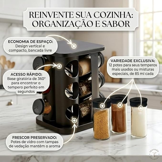 Porta Temperos Giratório 360° com 12 Potes de Vidro 85ml Preto Organizador de Condimentos - Imagem 2
