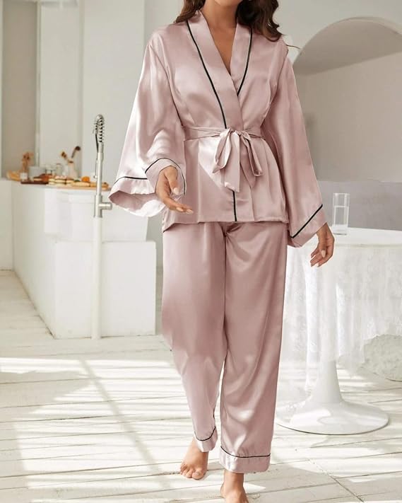 Pijama Feminino Cetim Toque de Seda Chü Pijamas Manga Longa Rosa - Imagem 4