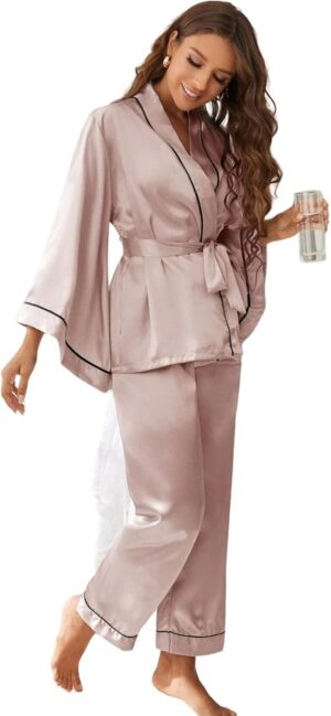 Pijama Feminino Cetim Toque de Seda rosa manga longa elegante