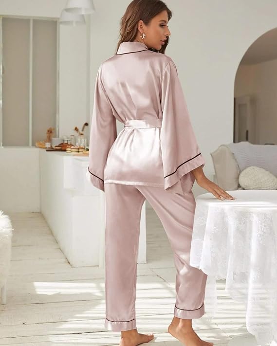Pijama Feminino Cetim Toque de Seda Chü Pijamas Manga Longa Rosa - Imagem 2