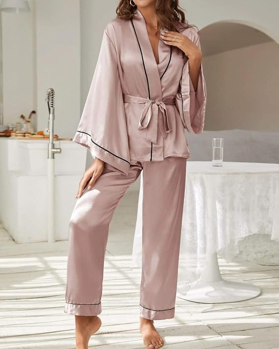 Pijama Feminino Cetim Toque de Seda Chü Pijamas Manga Longa Rosa - Imagem 3
