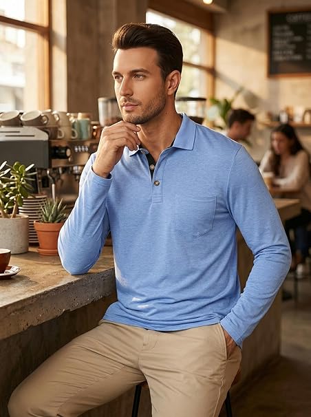 Camisa Polo Masculina Manga Comprida PICKLION Casual com Bolso - Imagem 9