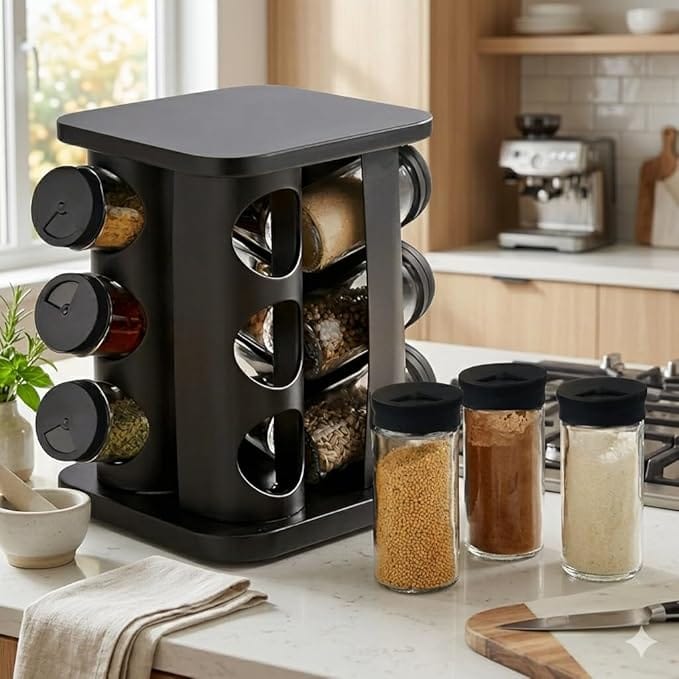 Porta Temperos Giratório 360° com 12 Potes de Vidro 85ml Preto Organizador de Condimentos - Imagem 3
