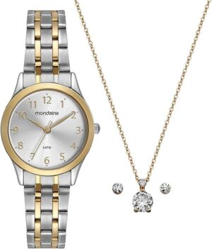 Relógio Mondaine Feminino Bicolor com Semijoia em aço dourado e prateado com conjunto de acessórios