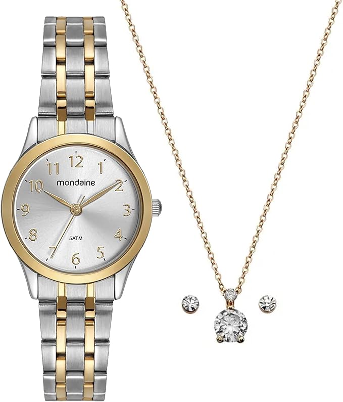 Relógio Mondaine Feminino Bicolor com Semijoia em aço dourado e prateado com conjunto de acessórios