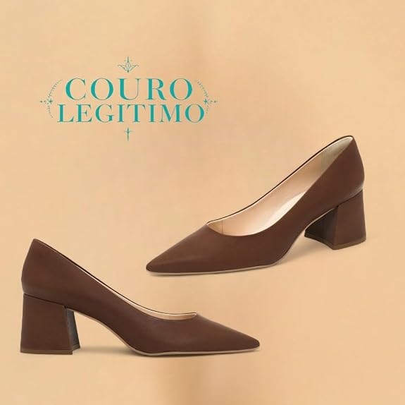 Scarpin Clássico Polo London Club Marrom Castanho Salto Médio Bloco Feminino em Couro Comfort - Imagem 5