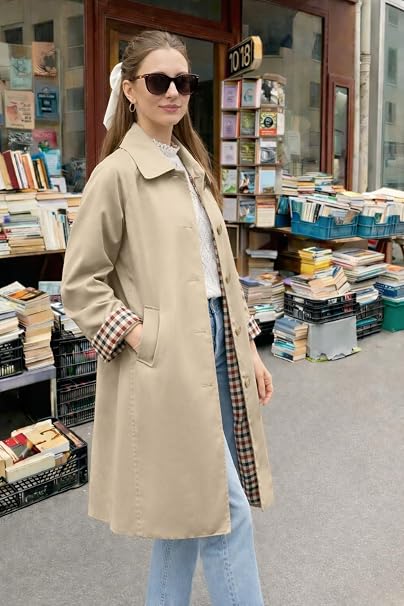 Sobretudo Feminino ELLEVEN Longo Bege com Forro Xadrez: elegância clássica e sofisticação para outono e inverno - Imagem 4