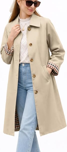 Sobretudo Feminino ELLEVEN bege com forro xadrez e modelagem elegante
