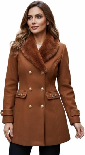 Sobretudo Feminino Luxo Cereja Brasil com gola peluciada removível marrom elegante para inverno