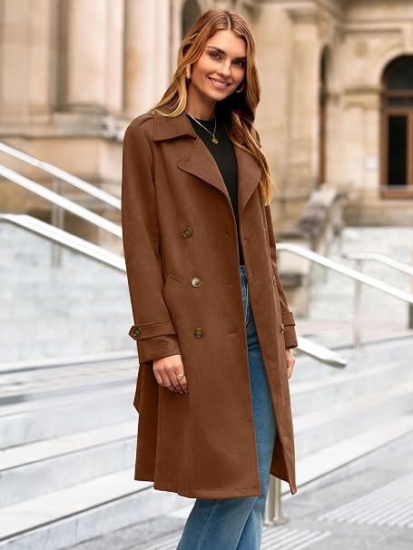 Casaco Trench Coat Feminino Simplee Camelo em Camurça Sintética com Cinto e Botões - Imagem 4