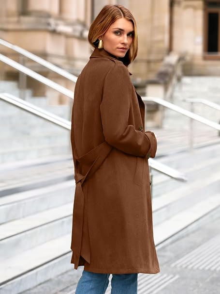 Casaco Trench Coat Feminino Simplee Camelo em Camurça Sintética com Cinto e Botões - Imagem 3