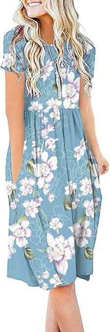 Vestido Feminino Casual Floral DB MOON Azul Claro com Bolsos e Manga Curta