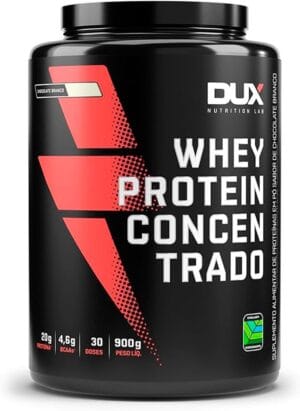 Whey Protein Concentrado Dux pote 900g sabor chocolate branco com 20g de proteína por dose