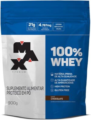100% Whey Protein Max Titanium Chocolate 900g suplemento proteico para ganho de massa muscular e recuperação pós-treino