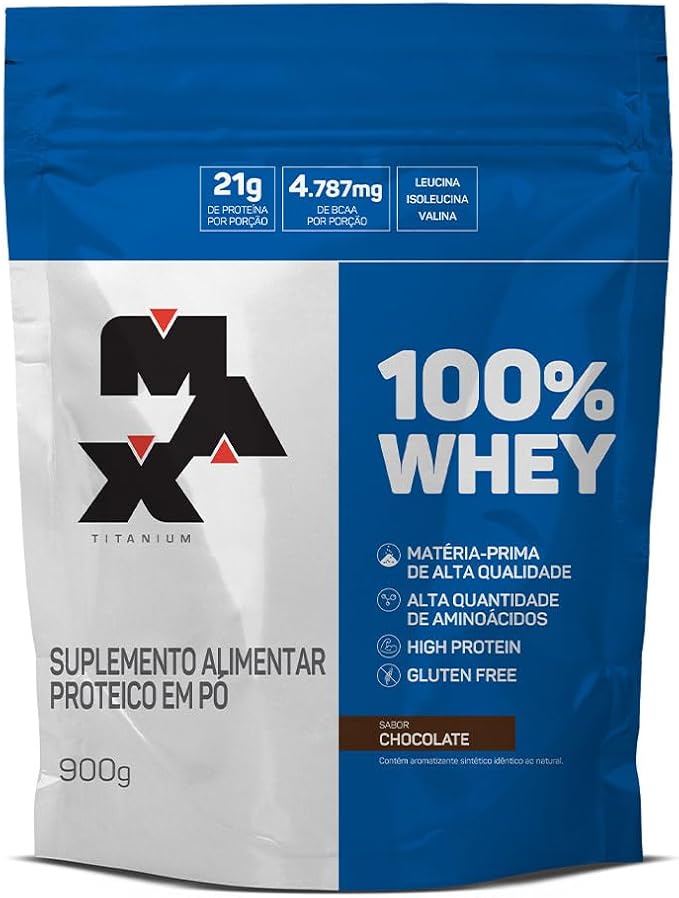 100% Whey Protein Max Titanium Chocolate 900g suplemento proteico para ganho de massa muscular e recuperação pós-treino