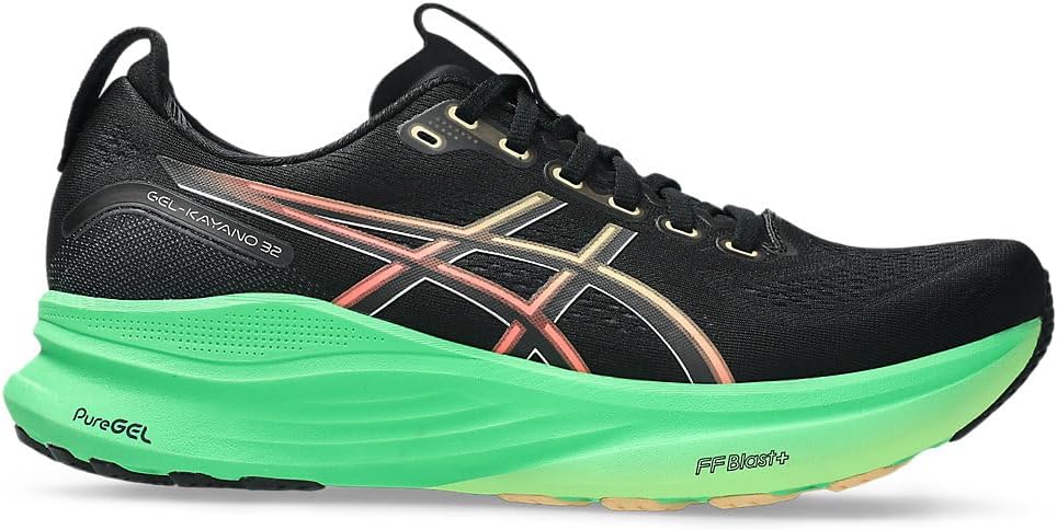 ASICS Gel-Kayano 32 Masculino preto e verde com tecnologia PureGEL e amortecimento premium