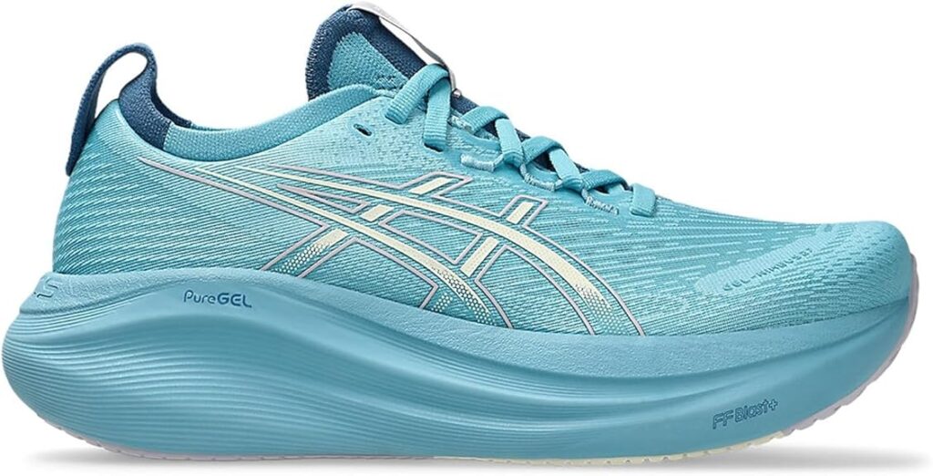 ASICS Gel-Nimbus 27 Feminino Creme Stillwater azul claro com tecnologia PureGEL e FF Blast Plus