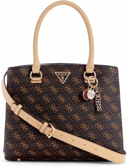 Bolsa Guess Noelle II Girlfriend Satchel feminina marrom com monograma 4G e alça transversal