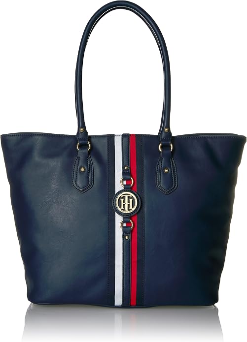 Bolsa Tote Tommy Hilfiger Jaden Plus azul-marinho com faixa tricolor frontal e medalhão TH