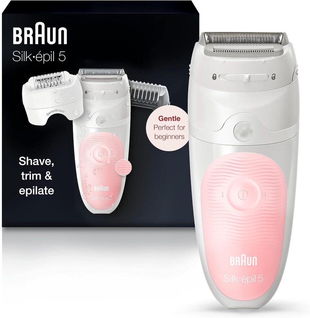 Braun Silk-épil 5 SE5-620, um dos melhores depiladores femininos da ZEGGY com tecnologia Wet & Dry, barbeador e aparador recarregável.