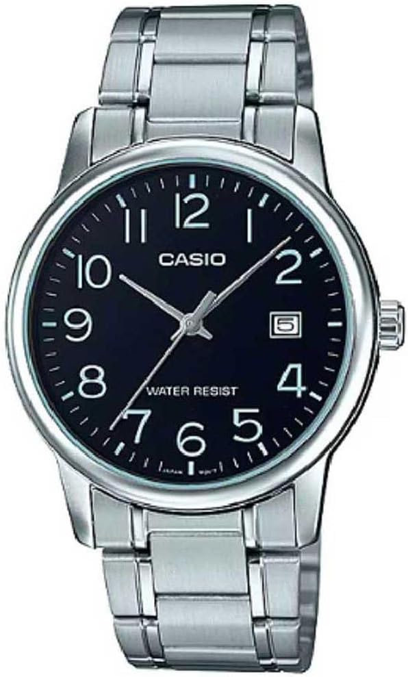 Relógio Casio MTP-V002D-1BUDF social masculino em aço inoxidável com mostrador preto