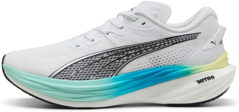 PUMA Deviate Nitro 3 masculino branco e turquesa com tecnologia NITRO e placa PWRPLATE